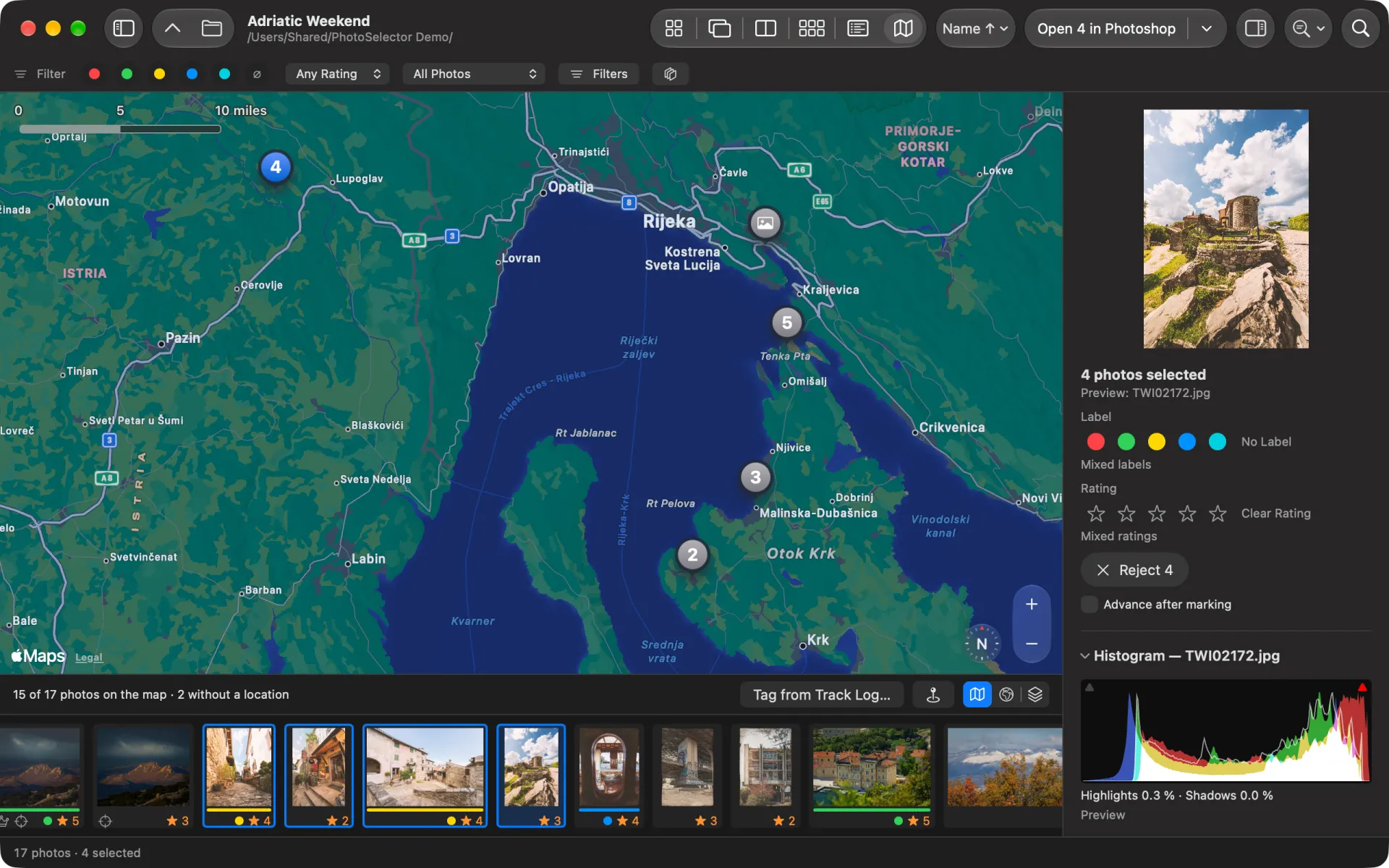 The Map view: numbered photo pins along the Kvarner coast and Istria, a filmstrip below, Tag from Track Log and map style buttons