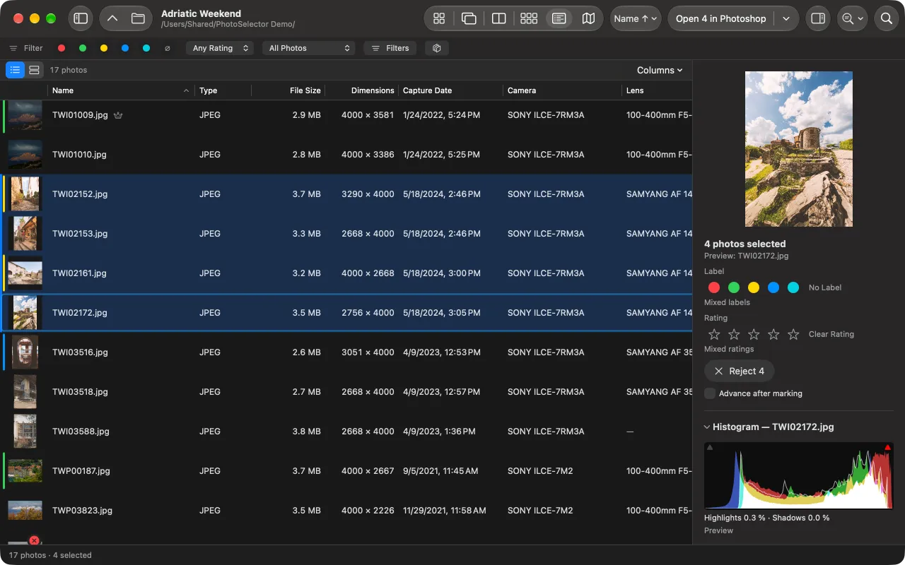 The Metadata view: a table of photos with name, type, file size, dimensions, capture date, camera and lens columns; four rows selected