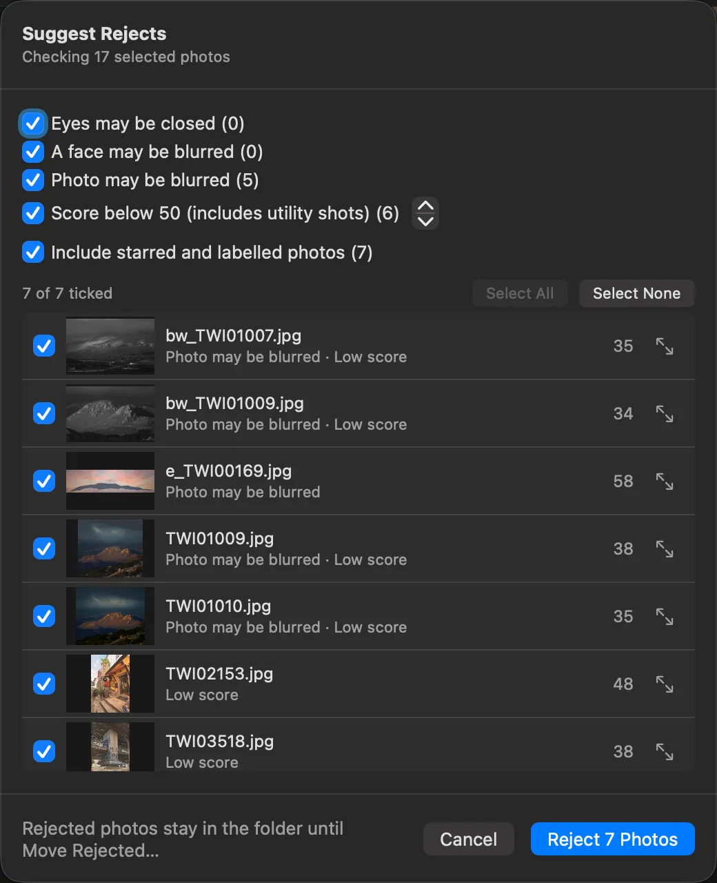 Suggest Rejects: reasons with counts (photo may be blurred, score below 50), and a list of seven photos with their reasons and scores, each with a tick box, and a Reject 7 Photos button
